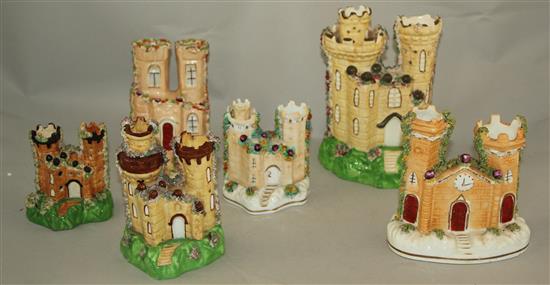 Six Staffordshire porcelain models of castles, mid 19th century, 9 - 16.5cm